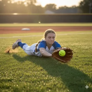 A softball outfielder making a running catch with their extra long outfield glove during a game.