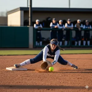 Action shot of a first baseman stretching and using their specialized glove to scoop a low throw from the infield.