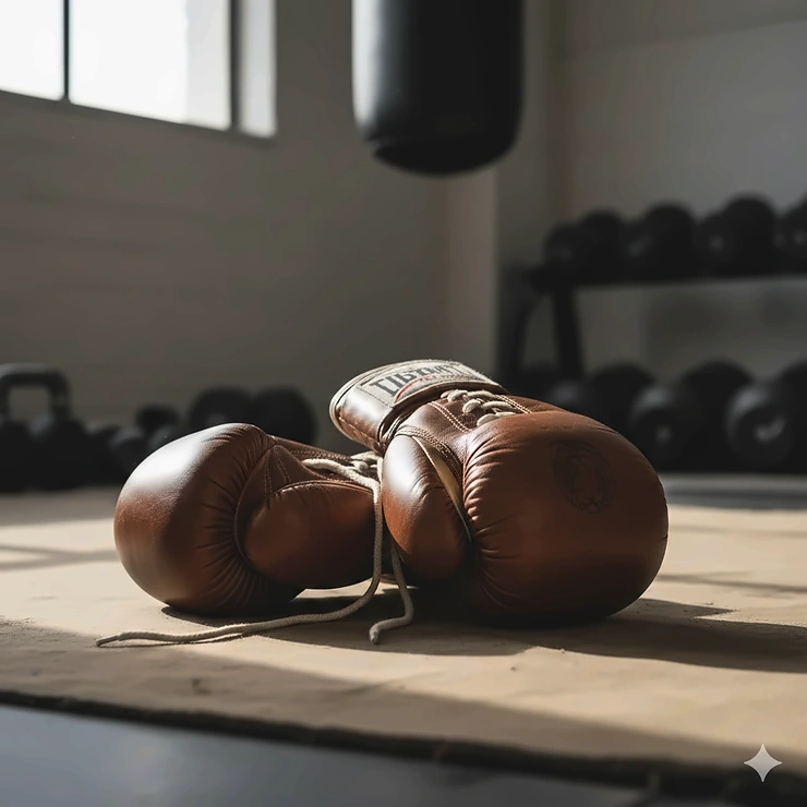 A striking pair of premium leather boxing gloves on a gym mat, showcasing the smooth texture and secure wrist closure.