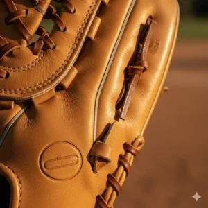Macro shot showing the texture of the premium leather used in constructing a durable softball 1st base glove.