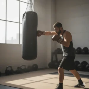 A boxer delivering a strong punch to a heavy bag while wearing specialized, wrist-supported leather boxing gloves.