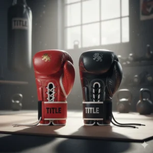 Side-by-side comparison of red and black lace-up professional leather boxing gloves, highlighting different color and closure options.