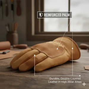 Illustration of reinforced palm patches on heavy-duty deerskin gloves for increased durability.