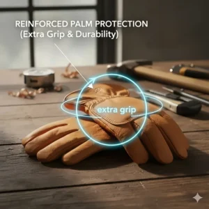 Close-up illustration of reinforced palm patches on premium cowhide leather work gloves for extra grip.