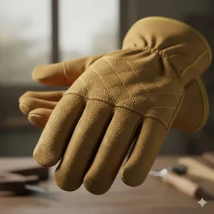 Illustration of split cowhide work gloves featuring a double-reinforced palm for extra grip.