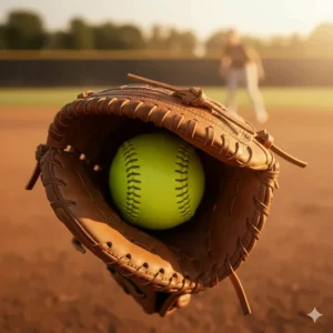 Illustration demonstrating the extra deep pocket feature of a specialized softball 1st base glove to secure throws.