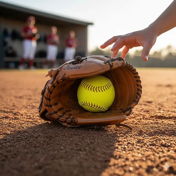 Close-up shot of a high-quality leather softball 1st base glove, showing the large pocket and reinforced web design, ready for a game.