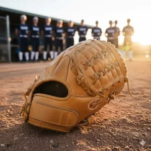 Back view of the first base glove highlighting the adjustable wrist strap for a secure and customized fit during play.