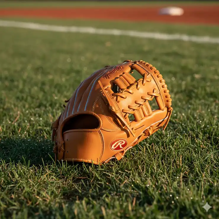 A brand new softball outfield glove resting on the grass, highlighting its deep pocket and web for catching fly balls.