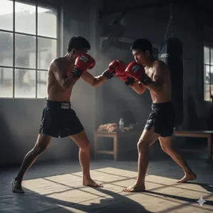 Large 16-ounce Muay Thai sparring gloves being used by two fighters practicing light technical sparring.