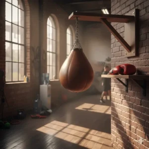 Close-up illustration of a rhythmic speed bag and lightweight boxing gloves.