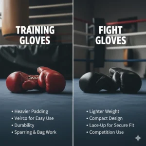 An infographic comparing the features and intended use (training, bag work, fight night) of different types of Mexican boxing gloves.