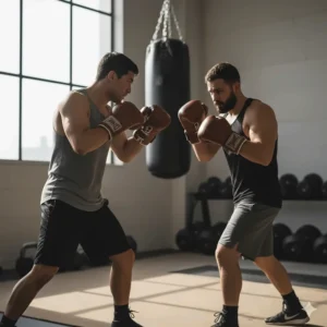 Two boxers wearing protective training gloves during a light sparring session in the gym.