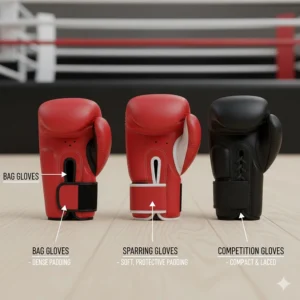 Simple illustration comparing the shape and density of different types of boxing gloves: bag gloves, sparring gloves, and official competition gloves.