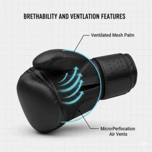 Close-up of mesh palms and ventilation holes on breathable boxing gloves for long sparring sessions.