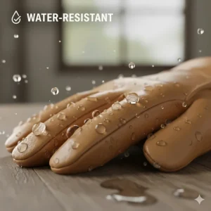 Illustration of water-resistant treatment on deerskin leather to keep hands dry in winter conditions.