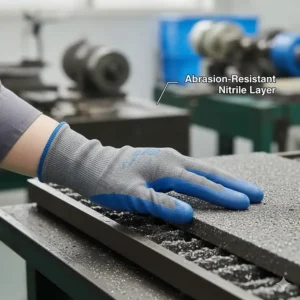Close-up of reinforced nitrile layer providing high abrasion resistance for long-term industrial assembly use.