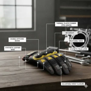 Labeled diagram showing the components of high-quality impact resistant mechanic gloves.