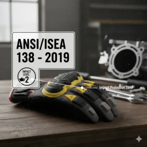 Diagram showing the ANSI ISEA 138 impact level rating for professional mechanic work gloves.