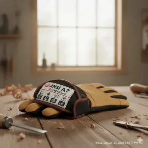 Carpentry gloves showing the ANSI cut-resistance rating label for workshop safety.