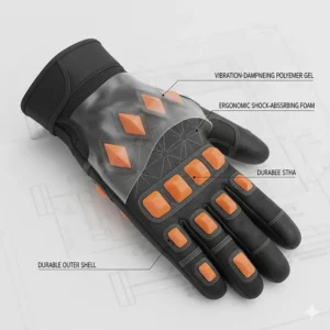 Close-up diagram showing specialized vibration-dampening polymer padding inside a mechanic glove.