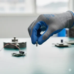High-detail illustration showing the thin, sensitive fingertips of assembly gloves picking up a tiny screw.