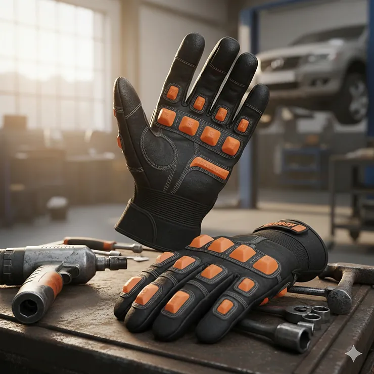 A pair of high-performance anti-vibration mechanic gloves with reinforced palm padding held against a professional workshop background. anti vibration mechanic gloves