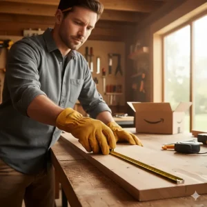 A professional carpenter wearing durable protective work gloves while measuring a piece of lumber.