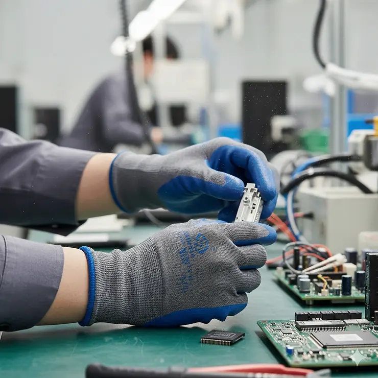 A technician using the best nitrile coated gloves for assembly work to handle small electronic components with precision.