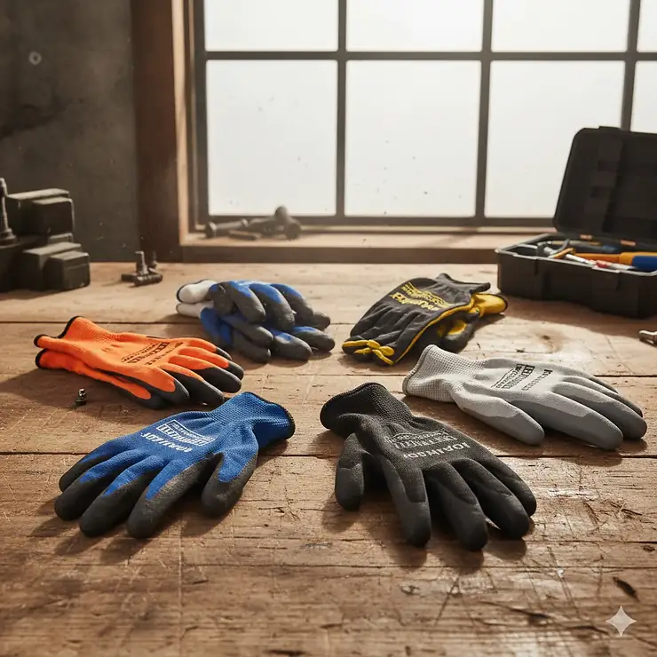 A selection of the best nitrile coated work gloves in different colors and grip patterns displayed on a wooden workbench.