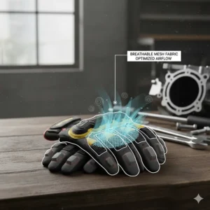 Illustration showing airflow through breathable mesh material on the back of impact resistant gloves.