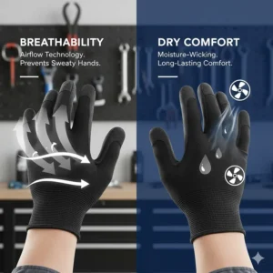 Illustration showing airflow technology in mechanic gloves to prevent sweaty hands during long garage sessions.