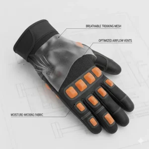 Illustration highlighting breathable trekking mesh material on the back of anti-vibration work gloves.