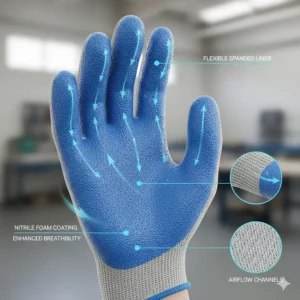 Illustration showing air circulation through the spandex liner of a nitrile palm-coated glove.