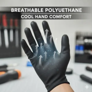 Diagram showing heat dissipation and breathability of thin polyurethane coated gloves for cool hand comfort.