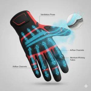 Graphic showing the ventilation pores and moisture-wicking fabric of touchscreen mechanic gloves.