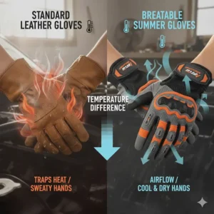 Comparison chart showing the temperature difference between standard leather gloves and breathable summer mechanic gloves.