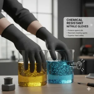 Illustration showing the chemical-resistant properties of nitrile work gloves against oils and cleaning agents.