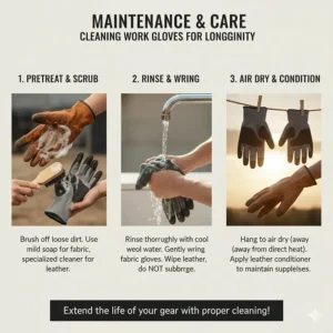 Simple steps for cleaning and maintaining leather and fabric work gloves for construction longevity.