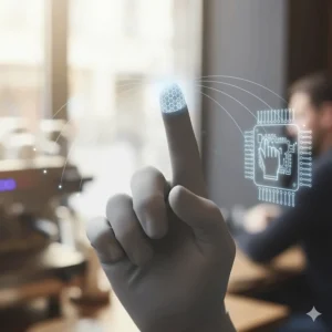 Illustration of the conductive polyurethane coating on glove fingertips that enables touchscreen compatibility.