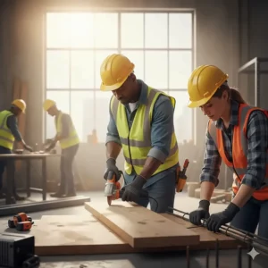 An illustration of workers at a construction site wearing nitrile work gloves for hand protection.