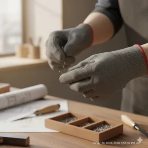 A worker holding small finish nails to demonstrate the dexterity of carpentry gloves found on Amazon.