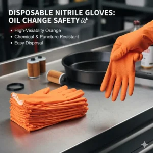 A stack of high-visibility orange disposable nitrile gloves used for clean oil changes.