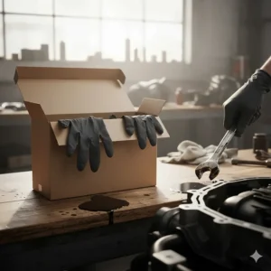 Box of black 8-mil nitrile disposable gloves used for oil changes and messy engine work.