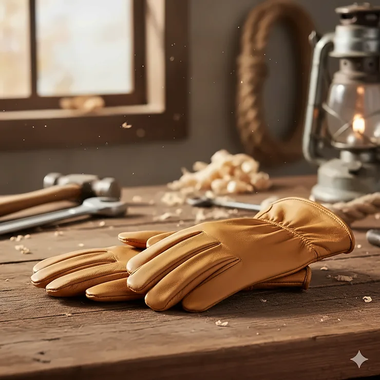 A pair of premium tan drivers style work gloves made of genuine grain leather on a wooden workbench. drivers style work gloves leather