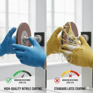A side-by-side comparison showing the durability of high-quality nitrile coating vs. standard latex.