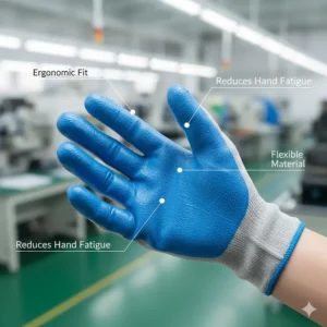 A worker's hand showing the snug, ergonomic fit of a nitrile coated glove to reduce hand fatigue.