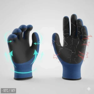 Illustration comparing the flexibility of nitrile coating versus standard rubber in sub-zero temperatures.