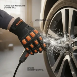 Infographic showing how anti-vibration gloves reduce hand-arm vibration syndrome (HAVS) during tool use.