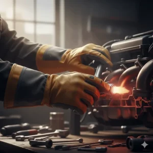 Heat-resistant gloves designed for working near hot exhaust systems and engine blocks.